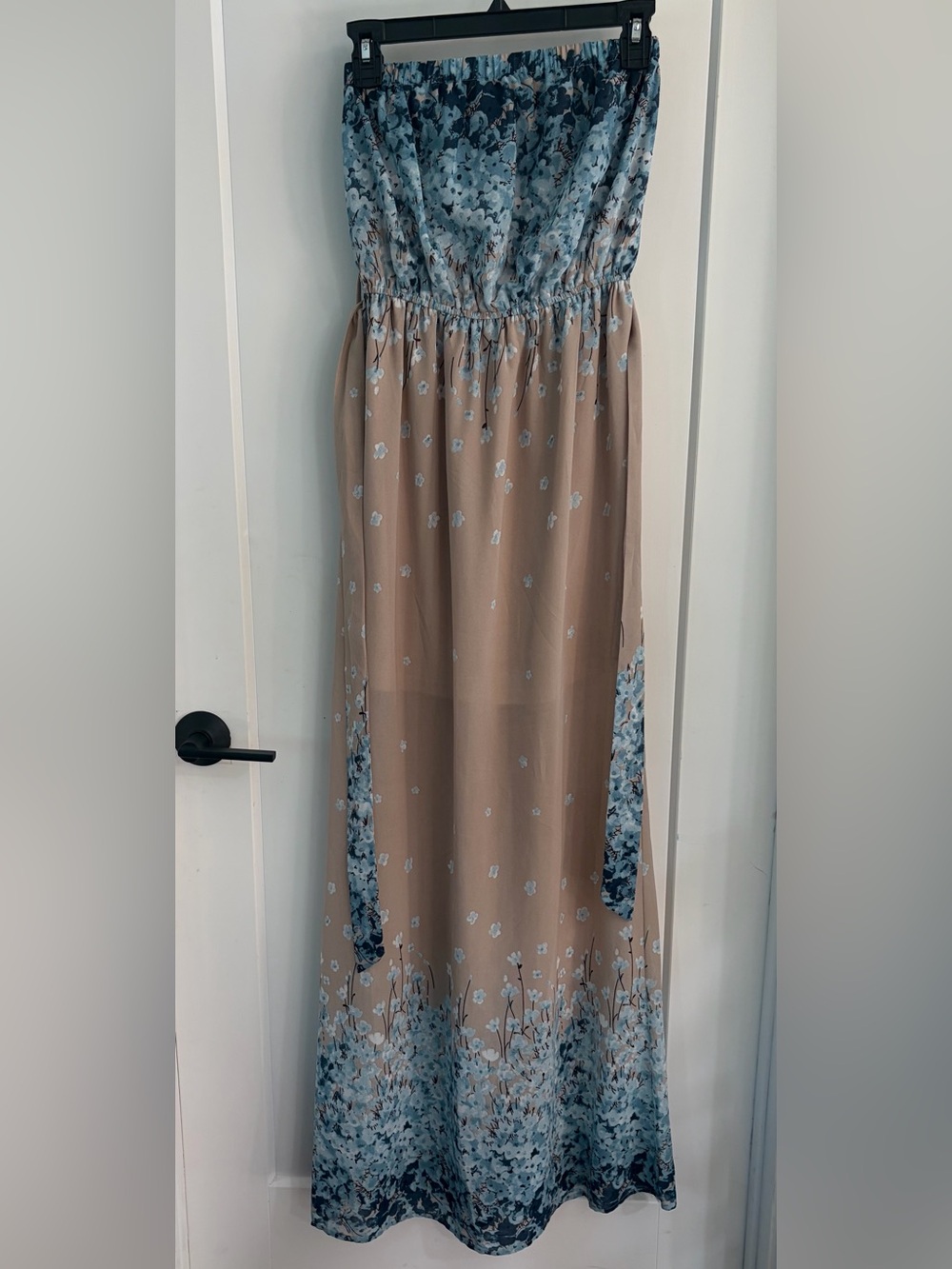 Umgee Beige Maxi Dress with Light Blue Floral Print